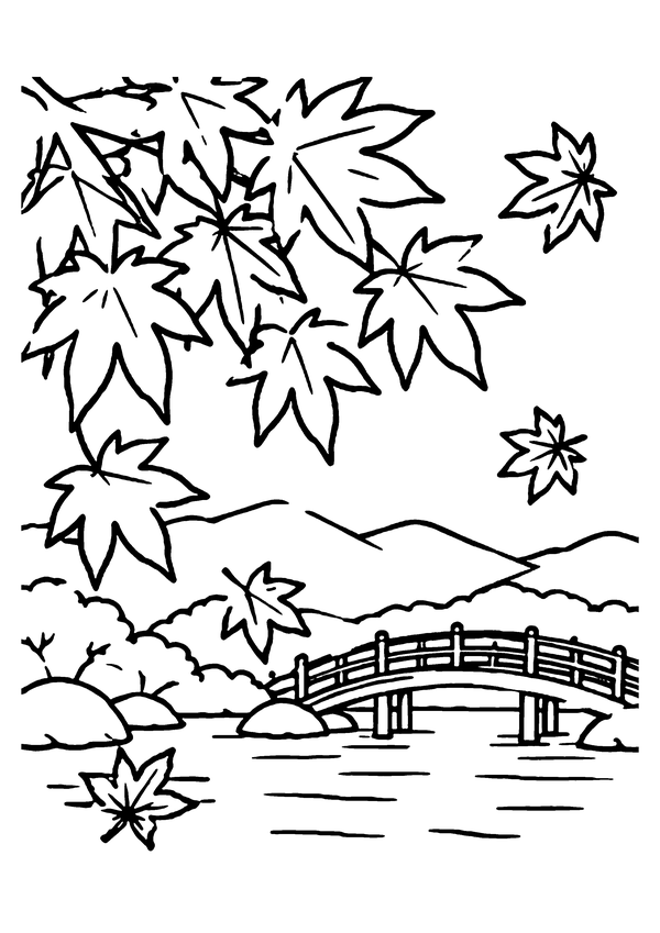 紅葉と小さな橋の塗り絵プリント